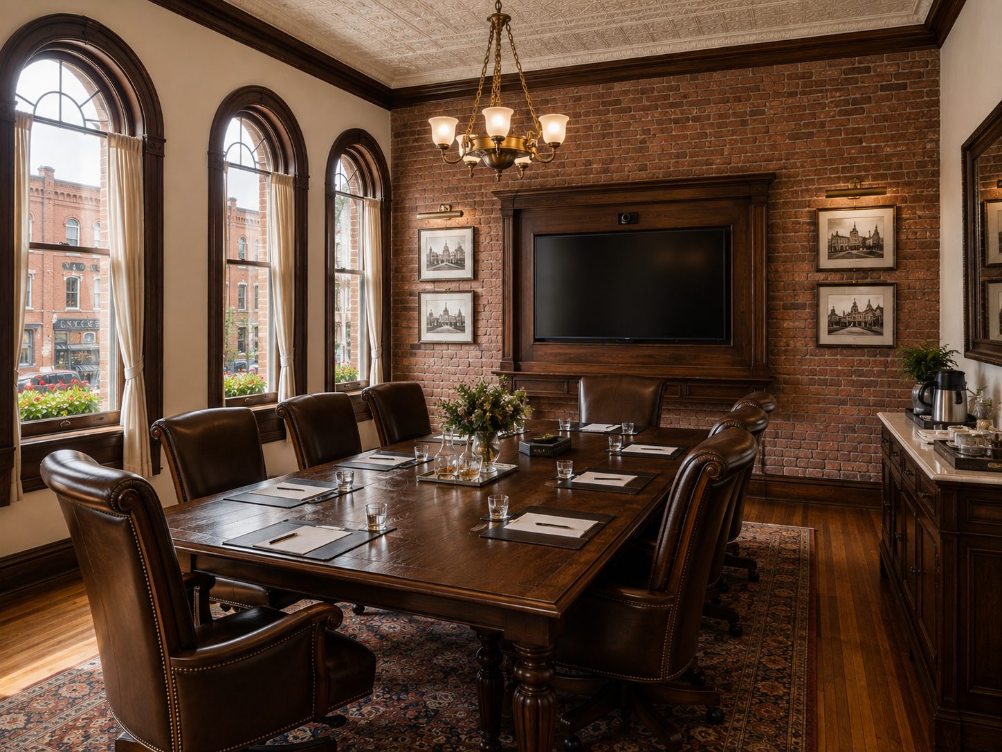 A conference room with a long dark oak table and leather chairs, exposed brick, arched windows over Main Street, and a screen framed in dark wood