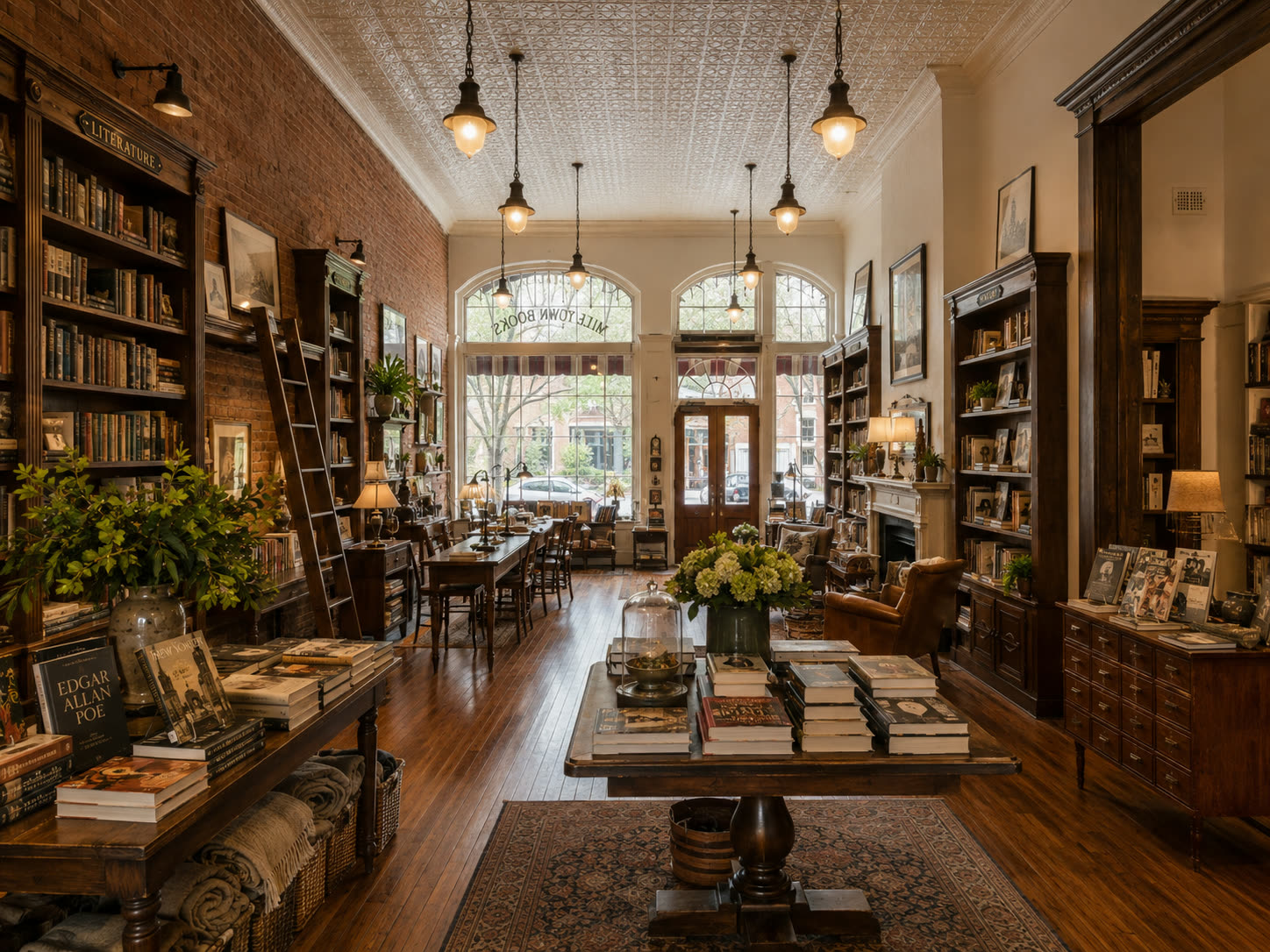 Bookstore interior with brick walls, a rolling ladder on tall shelves, stacked front tables, pendant lamps, and deep chairs by a fireplace