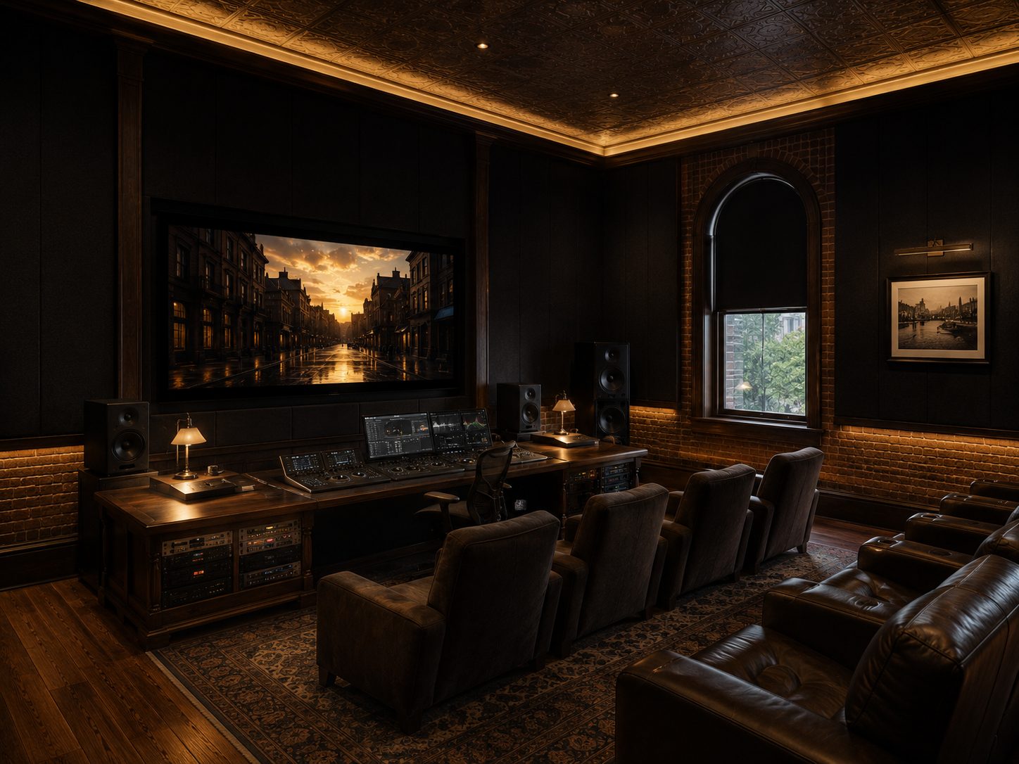 A darkened color grading suite: a large reference monitor glowing with a film frame, a grading console, plush viewing chairs, warm bias lighting