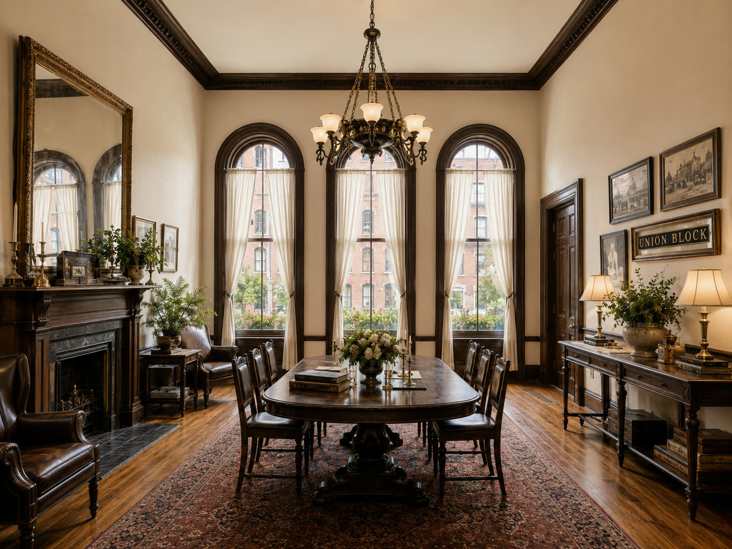 A formal drawing room: fireplace with carved mantel and mirror, long table with leather chairs, arched windows onto Main Street, an antique UNION BLOCK sign on the wall