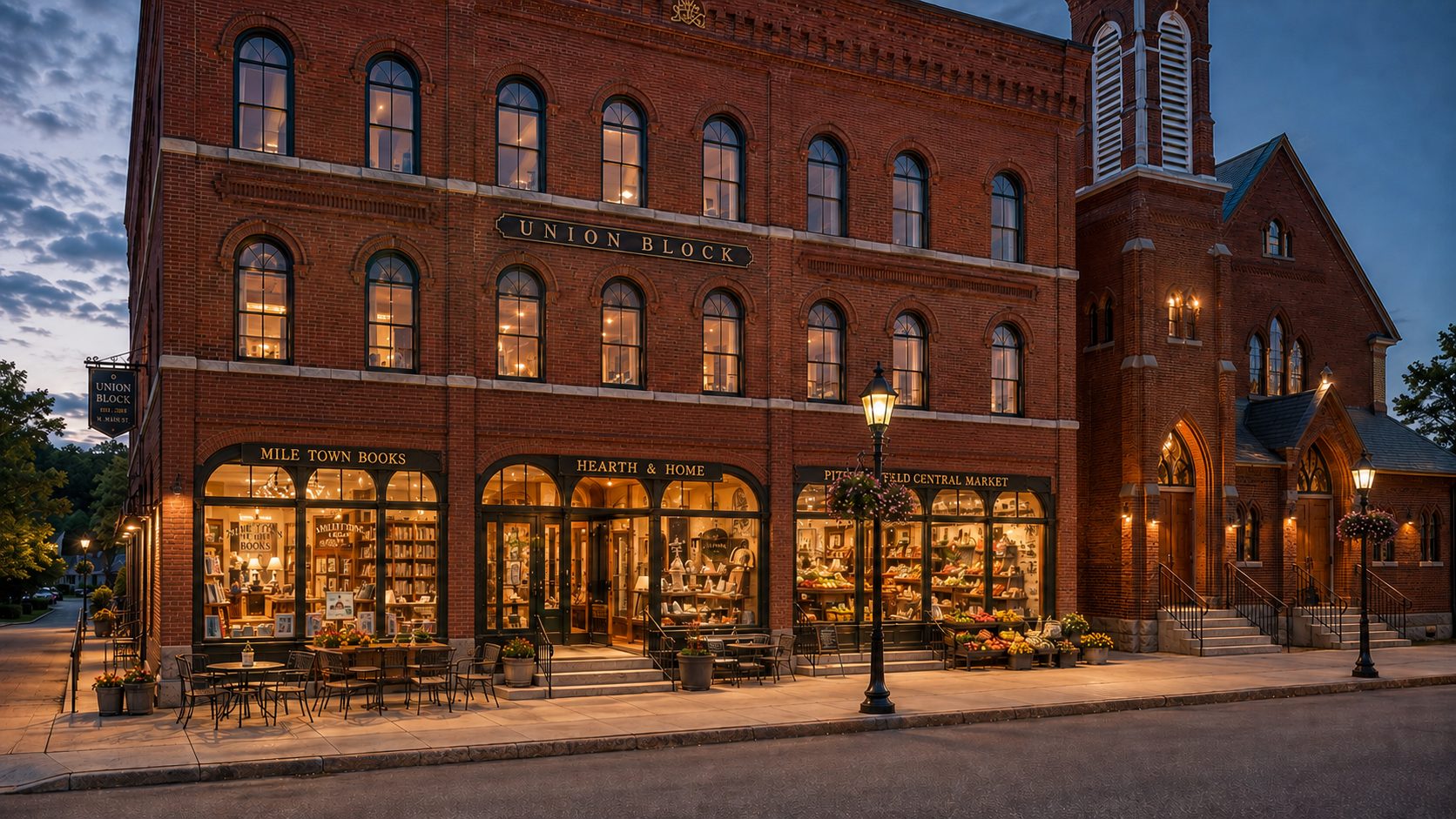 The restored Union Block at dusk: three stories of glowing arched windows, lamplit storefronts, café tables on the sidewalk, the church steeple against a deep blue sky