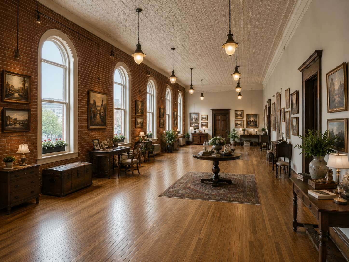 The third floor restored: a long gallery hall with pendant lamps, arched windows, brick, and warm wood floors