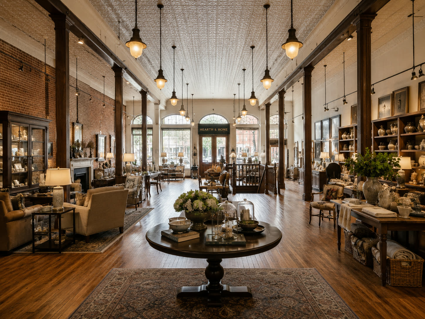 Corner mercantile interior with original wooden columns, glass cabinets, lamps and linens on long tables under a pressed tin ceiling