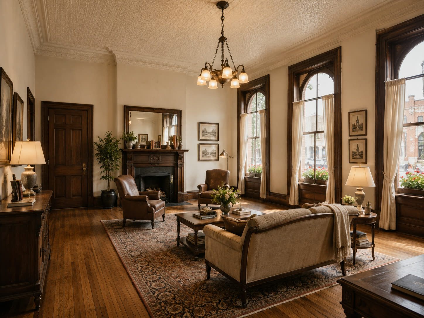 A parlor lounge with a fireplace, leather armchairs, a sofa, and tall curtained windows