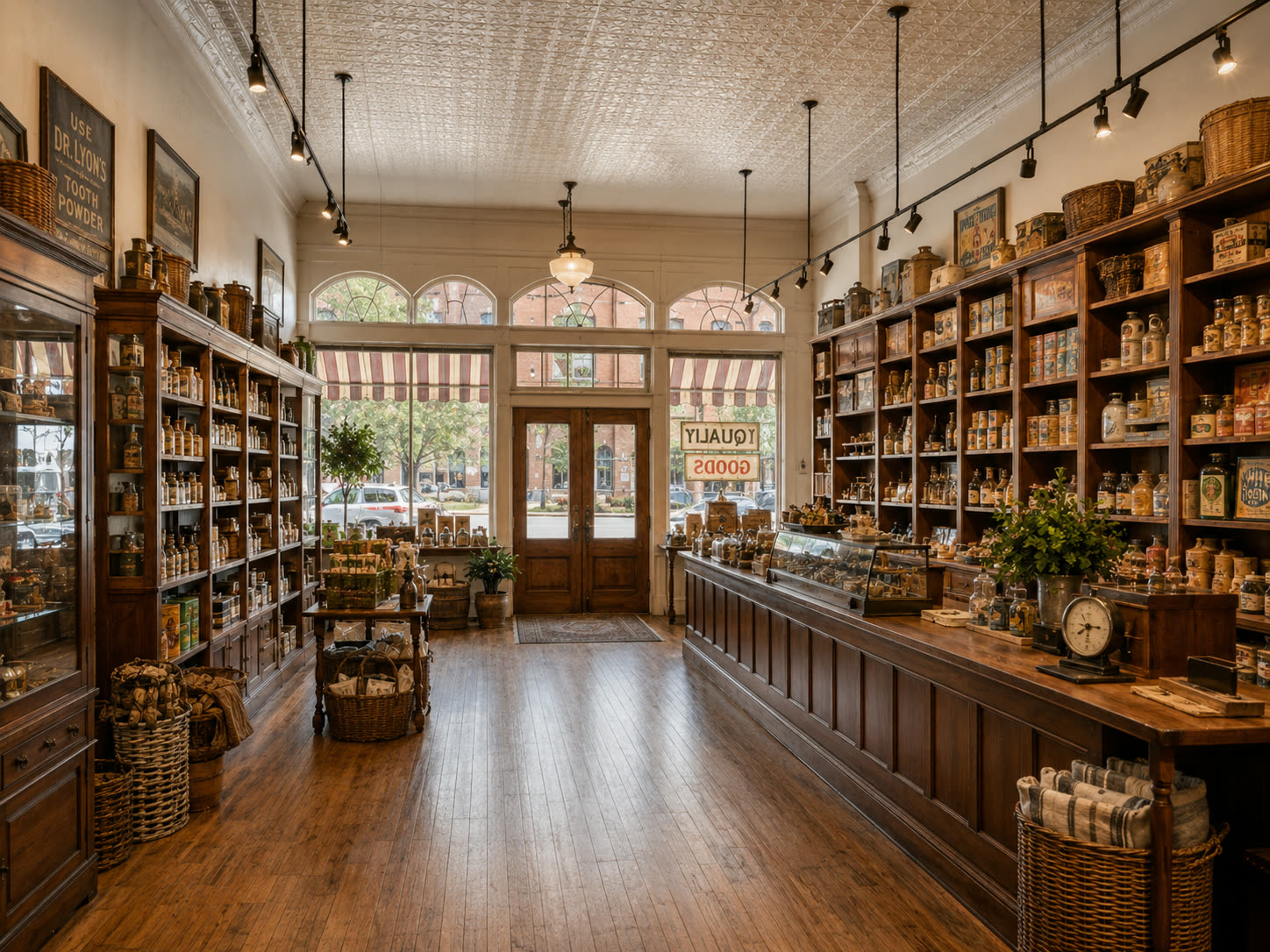 Restored general store interior: floor-to-ceiling wooden shelves stocked with dry goods, a long counter with a brass scale, striped awnings over the windows