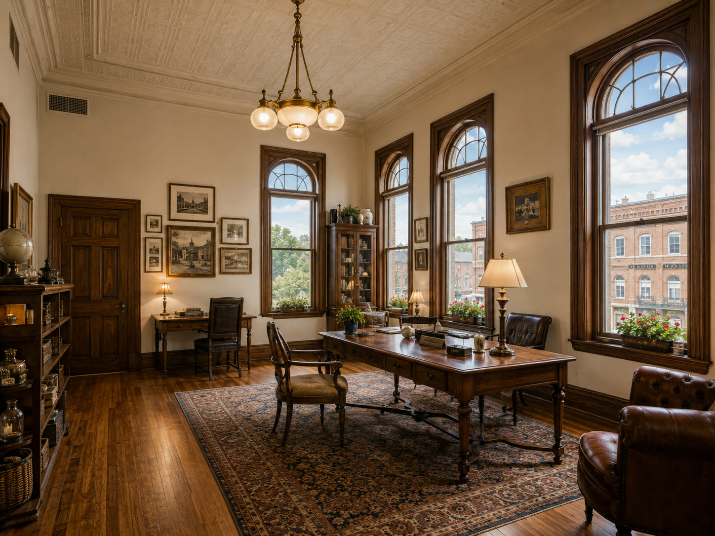 An executive office with a large wooden desk, brass lamps, leather chairs, bookshelves, and arched windows overlooking Main Street brick buildings