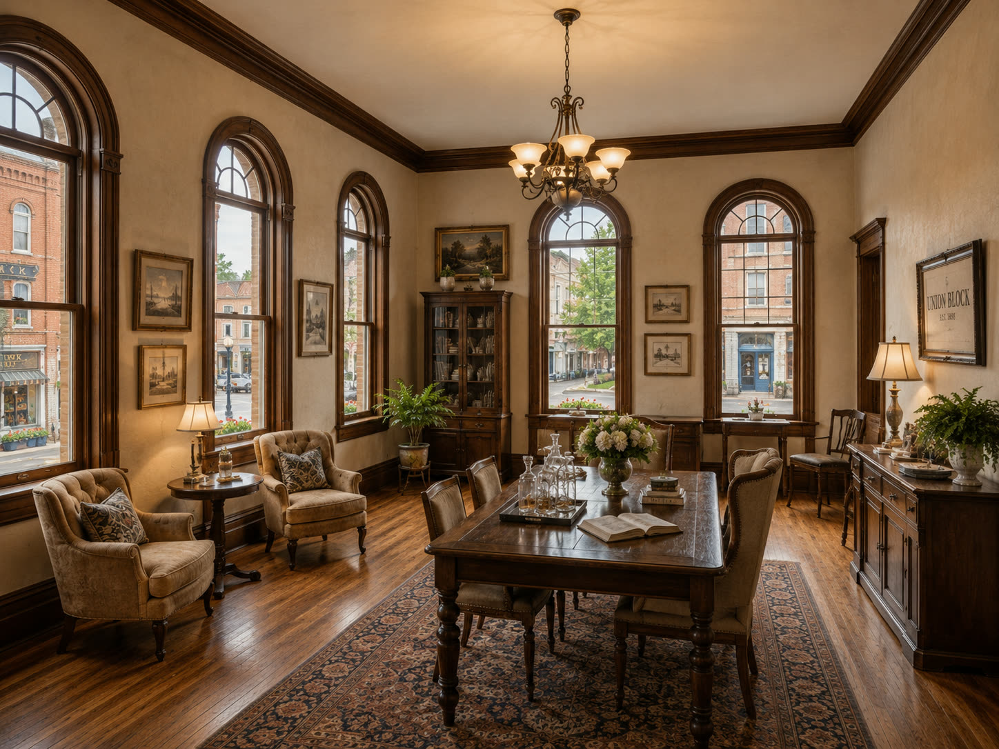 A tall-windowed room with exposed brick, walls hung with framed paintings and photographs, a round table with flowers at the center