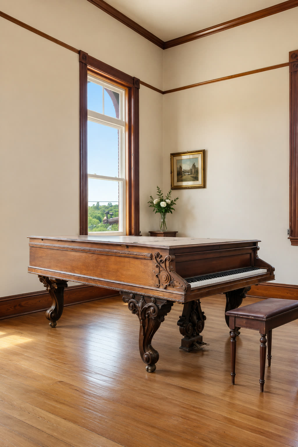 The piano room restored: the same grand piano polished on gleaming wood floors, flowers on a side table, sun through the tall window