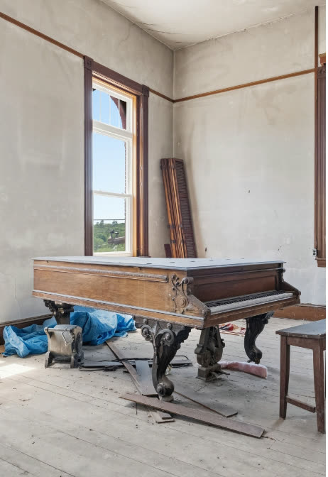 The piano room today: the grand piano dusty amid debris, plaster walls stained, a tarp on the floor