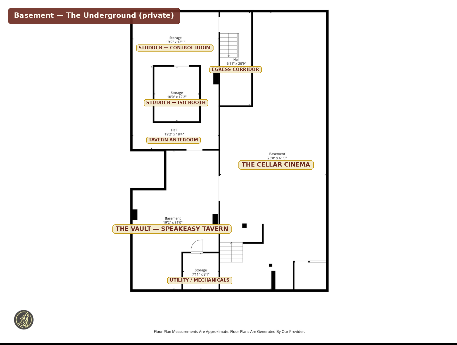 Labeled floor plan of the Union Block basement: the Cellar Cinema, the Vault speakeasy tavern, Studio B control room and iso booth, tavern anteroom, and utility rooms