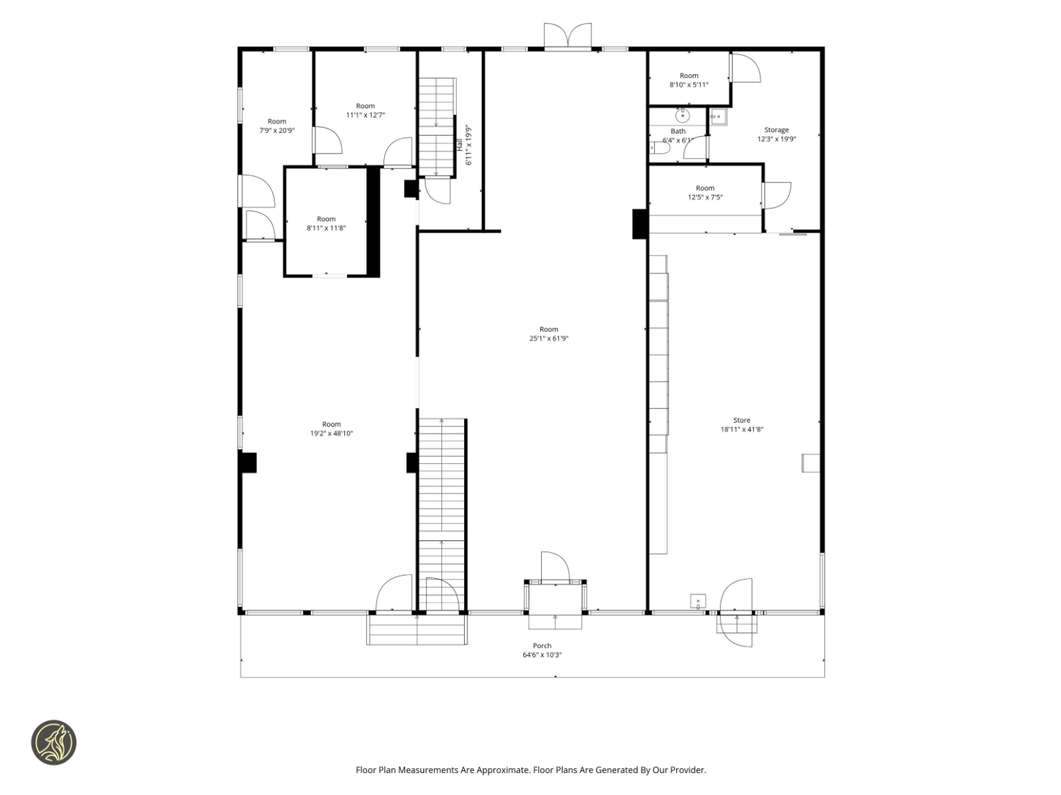 Measured floor plan of the Union Block first floor: two large storefront halls, a central room 25 by 61 feet, and the porch along Main Street
