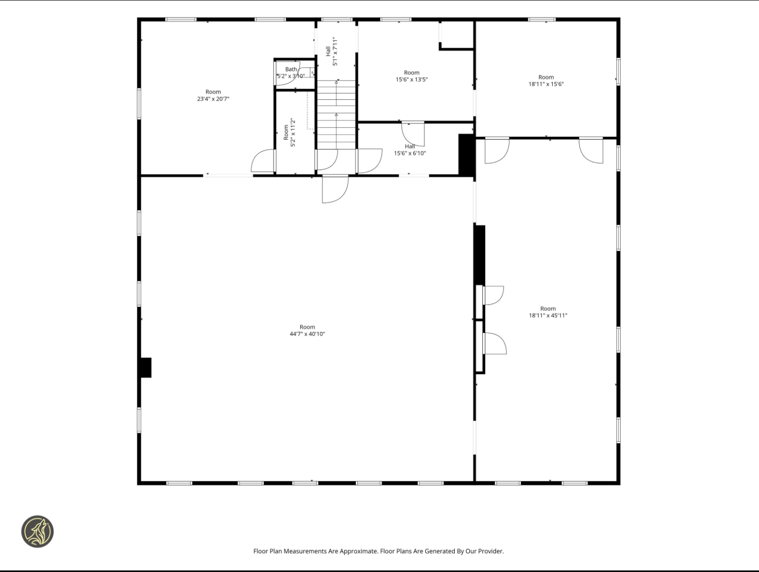 Measured floor plan of the Union Block third floor: one vast open hall 44 by 40 feet beside a second long room
