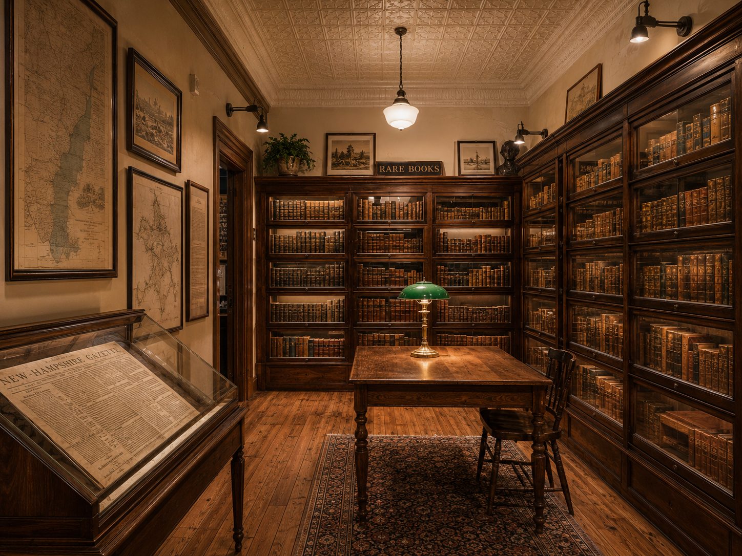 A small rare books room: glass-front barrister bookcases of leather-bound volumes, a library table with a green-shaded brass lamp, an antique newspaper in a display case