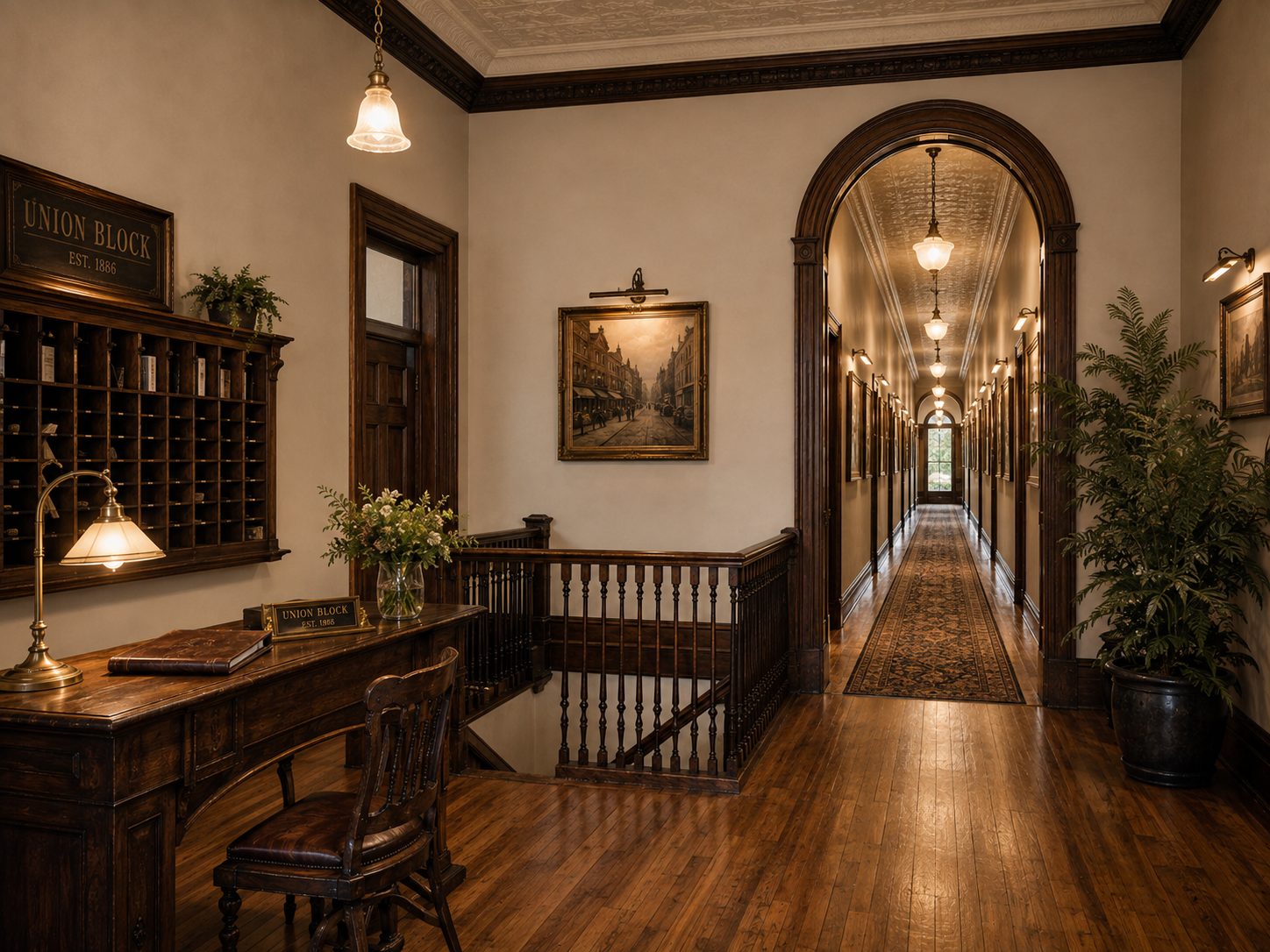 The second floor reception: an antique desk with a brass lamp and guest book at the stair landing, a long hallway hung with framed art under picture lights