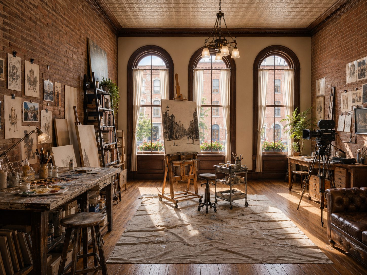 An artist's studio with an easel and work in progress, canvases against exposed brick, a film camera on a tripod, north light through tall arched windows