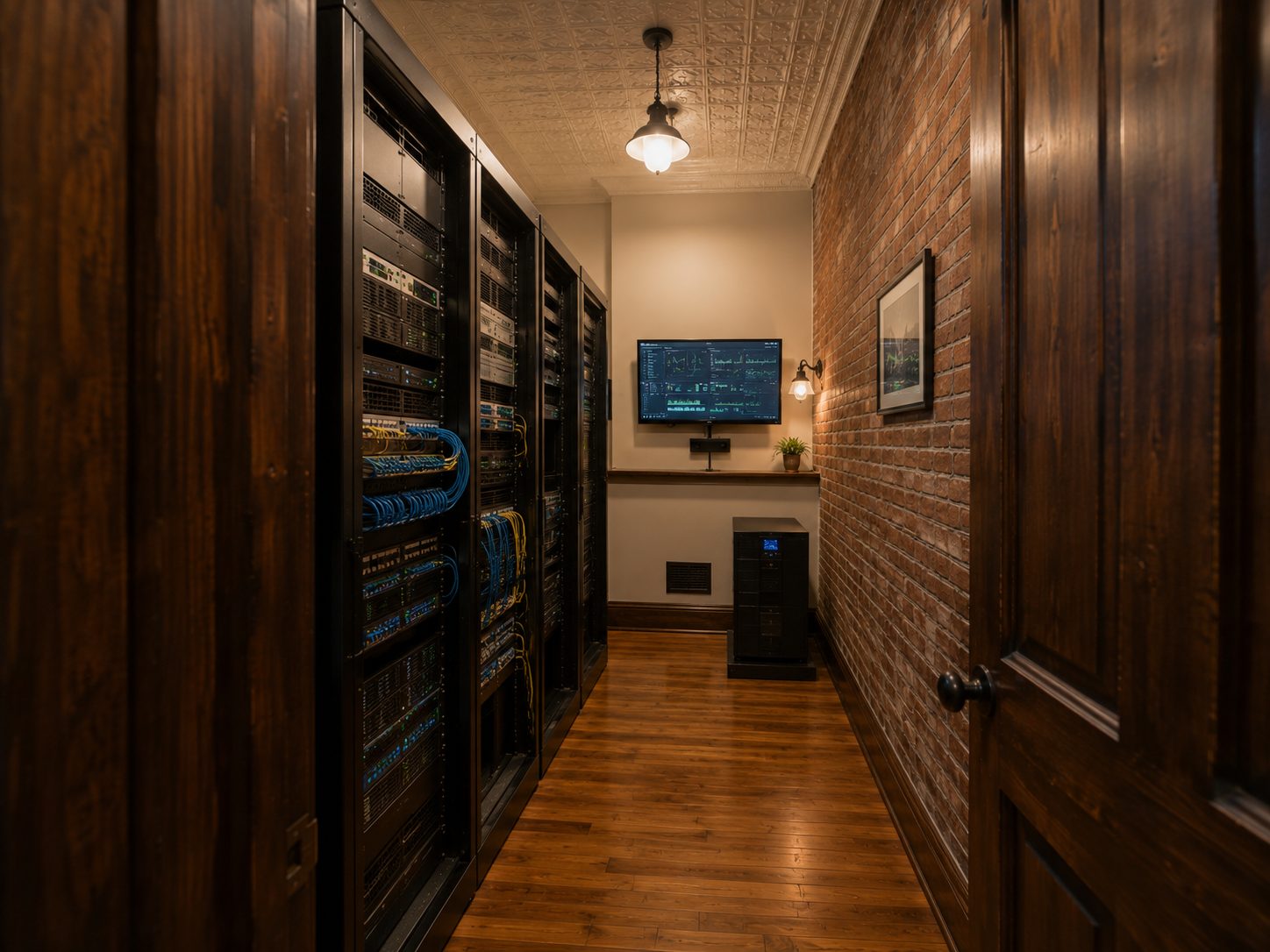 A narrow server room in a historic building: black racks of equipment with neat blue cabling beside an exposed brick wall, under a pressed tin ceiling