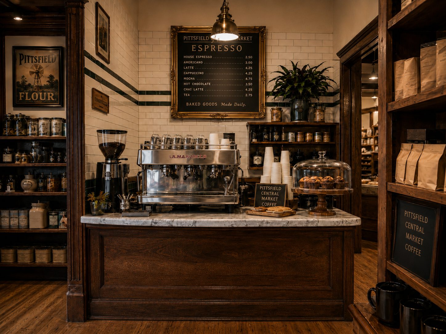 An espresso counter at the back of the market: marble top, chrome espresso machine, gilt-framed chalkboard menu, muffins under a glass dome