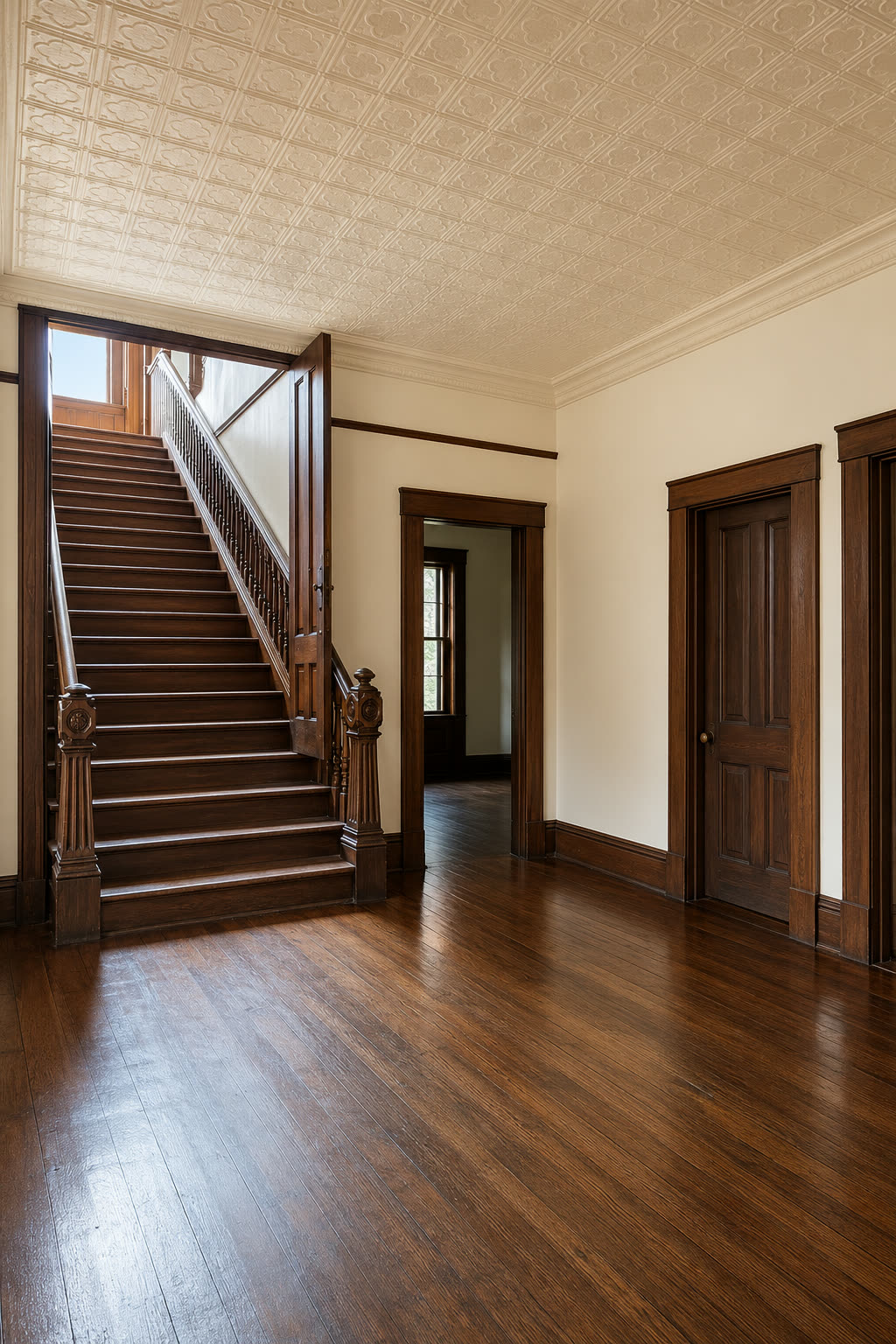 The grand staircase restored: dark carved newel posts and balusters, cream pressed tin ceiling, warm wood floors