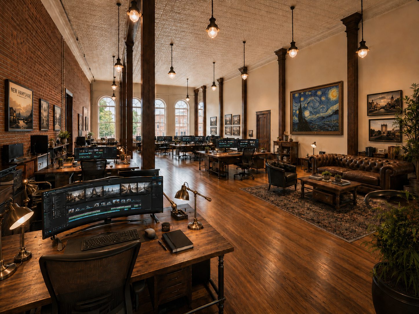 The open studio production floor: rows of desks with curved monitors showing editing timelines, brass lamps, timber columns, a leather lounge corner