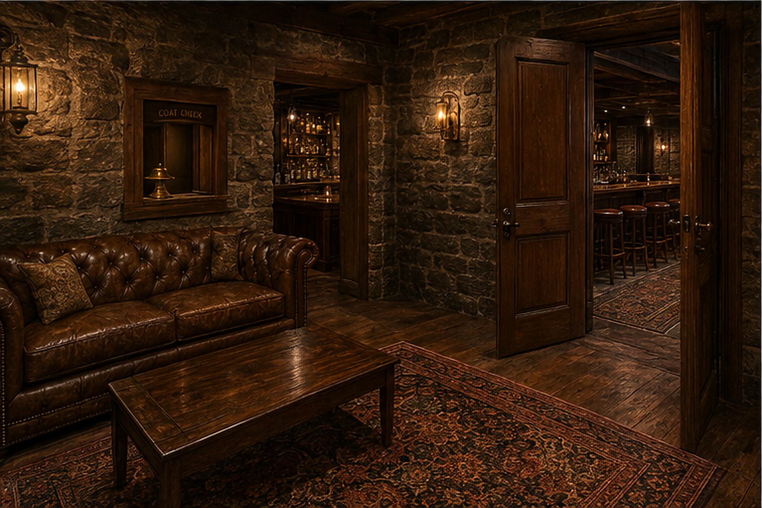 A dim stone anteroom with a chesterfield sofa, a coat check window, a brass lantern, and a heavy door open to a warmly lit bar beyond