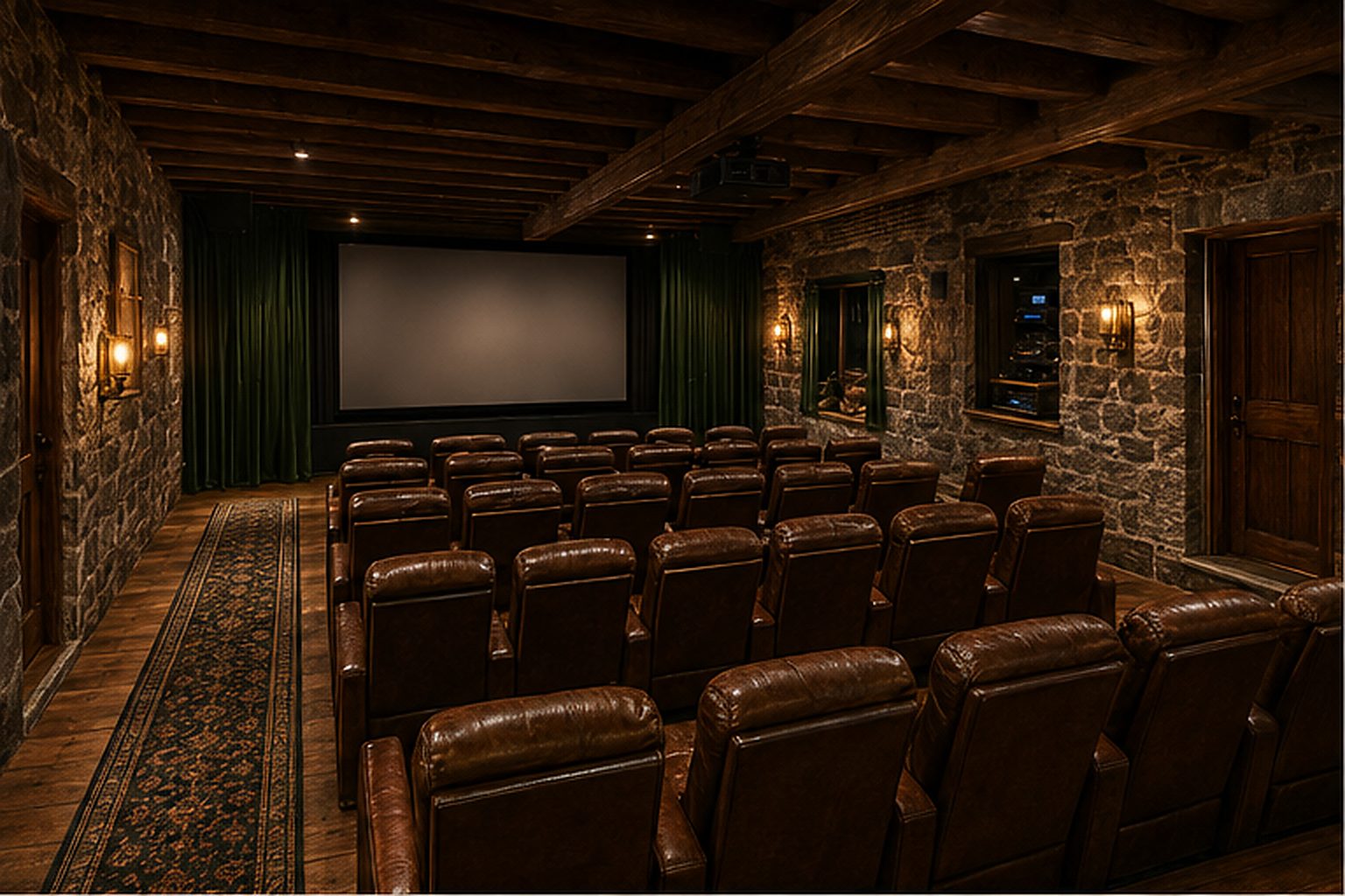 A private screening room in a stone basement: rows of leather cinema seats facing a screen framed by green velvet curtains, granite walls, timber beams, brass sconces
