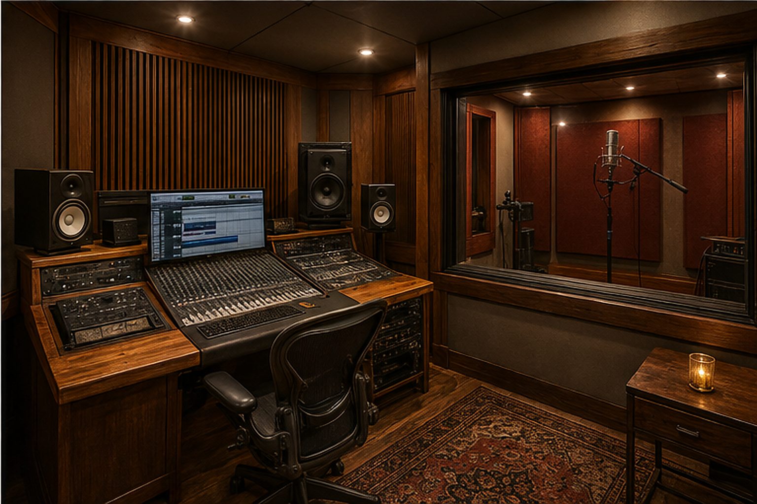 A compact recording studio control room: mixing console and monitors on a timber desk, warm wood acoustic panels, a soundproof window into a vocal booth