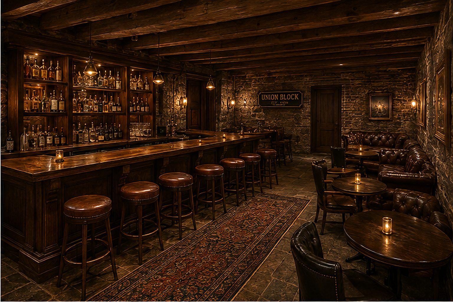 A speakeasy tavern in a stone basement: a copper-topped bar with backlit bottles, leather stools, candlelit round tables, tufted leather seating against granite walls