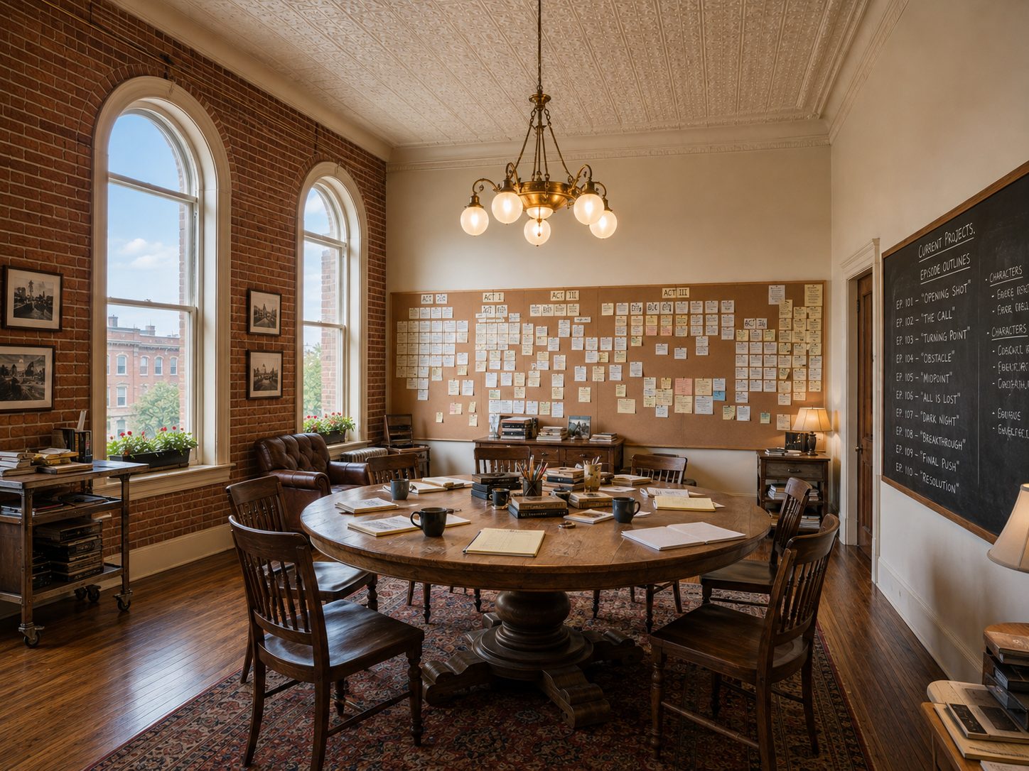 A story development room: a big round oak table, corkboard walls pinned with index cards, a chalkboard of episode outlines, tall arched windows
